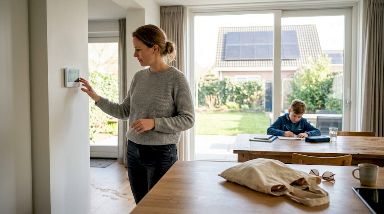 Moeder stelt de thermostaat in terwijl ze uitkijkt op de zonnepanelen op het dak.