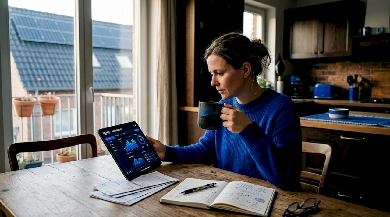 Woman checks energy app at table