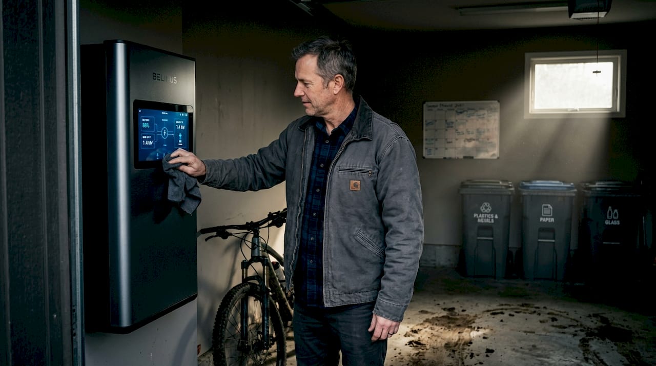 Man checks battery unit in garage