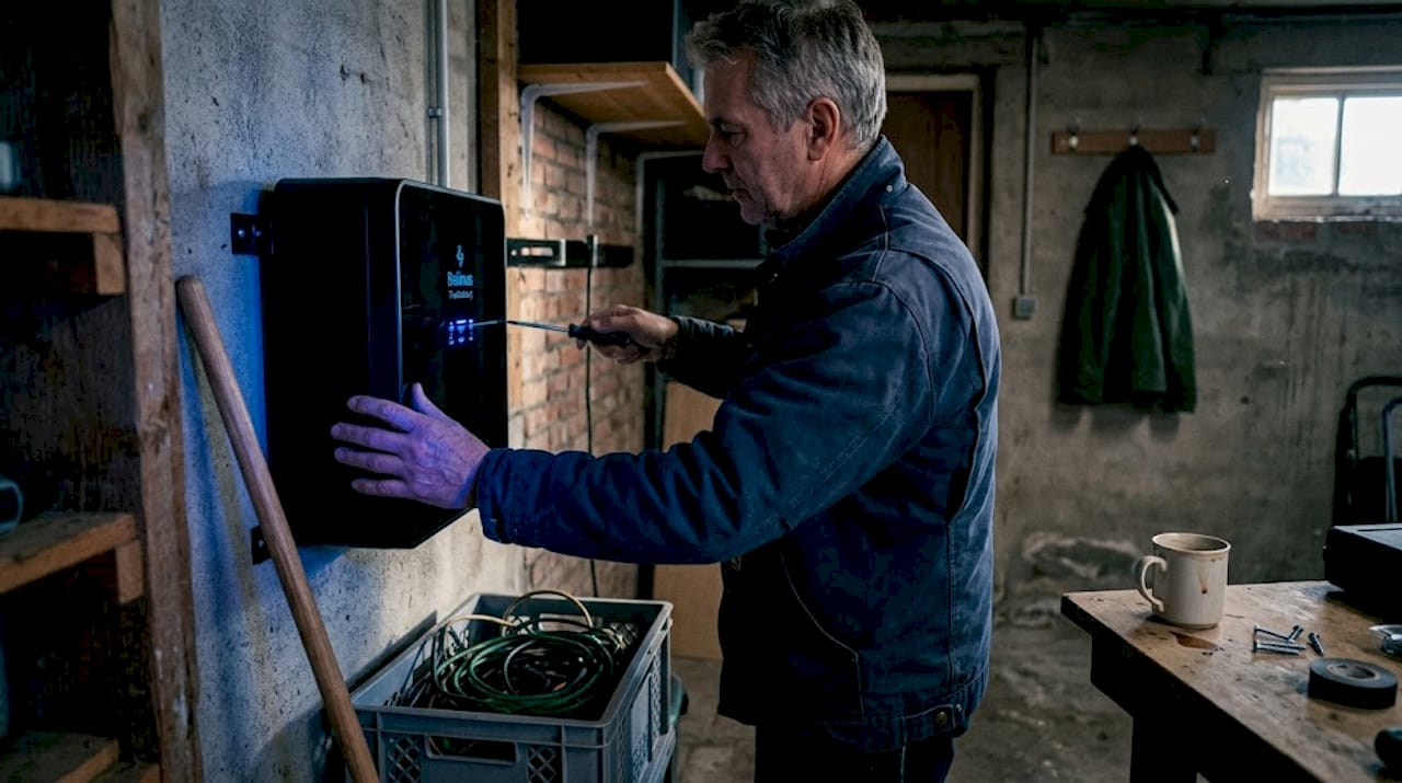 Man plaatst thuisbatterij in zijn garage