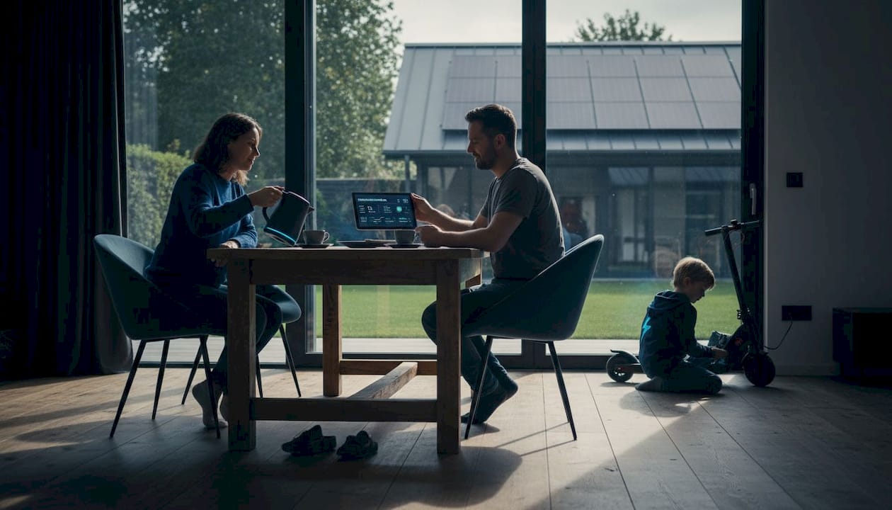 Een gezin dat thuis investeert in duurzaamheid, met zonnepanelen op het dak en een eigen laadpaal voor de elektrische auto.