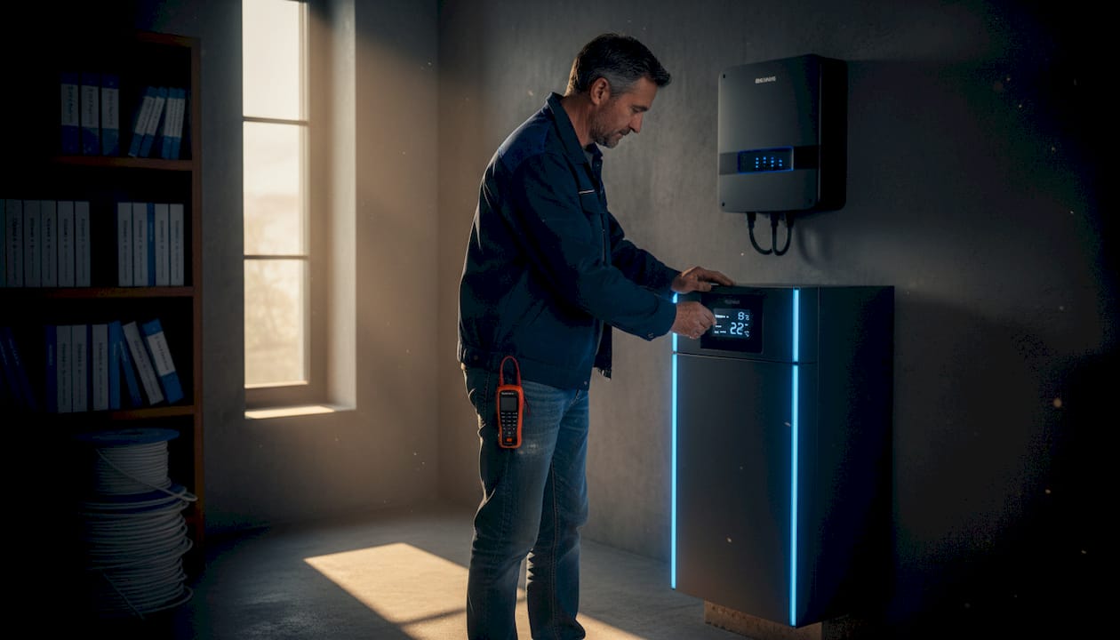 Technician adjusts heat pump in home utility room