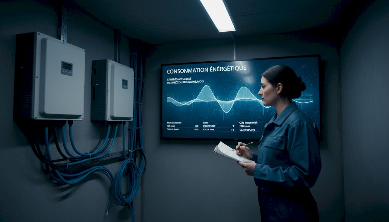 Une technicienne contrôle les informations affichées sur le panneau mural de l’onduleur.