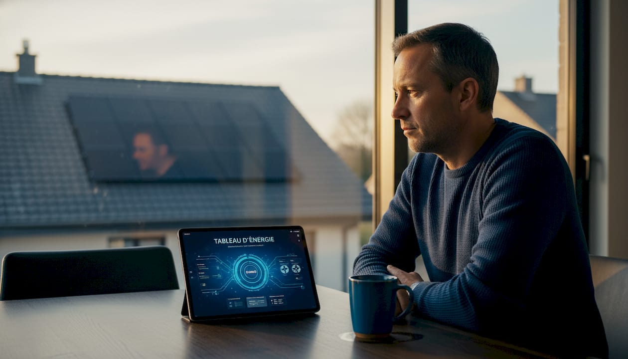 Un homme consulte la consommation d'énergie de son foyer sur sa tablette.