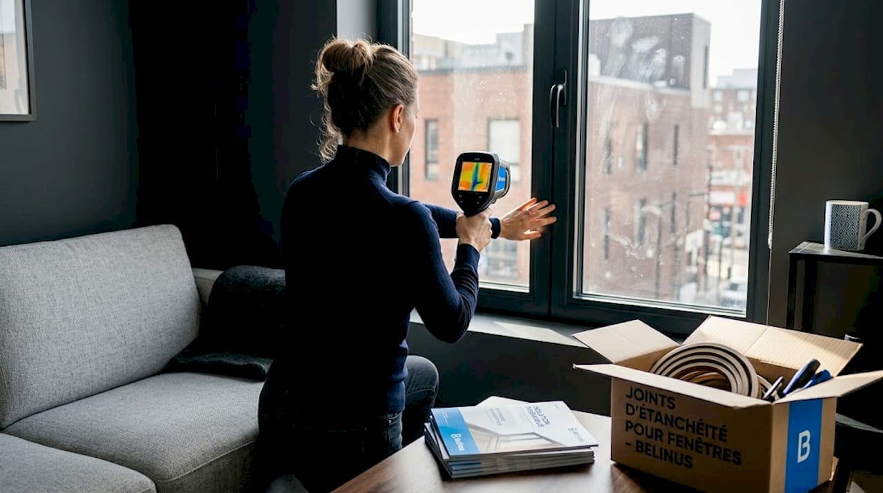 Un propriétaire vérifie l’isolation de ses fenêtres à l’aide d’un outil thermique.