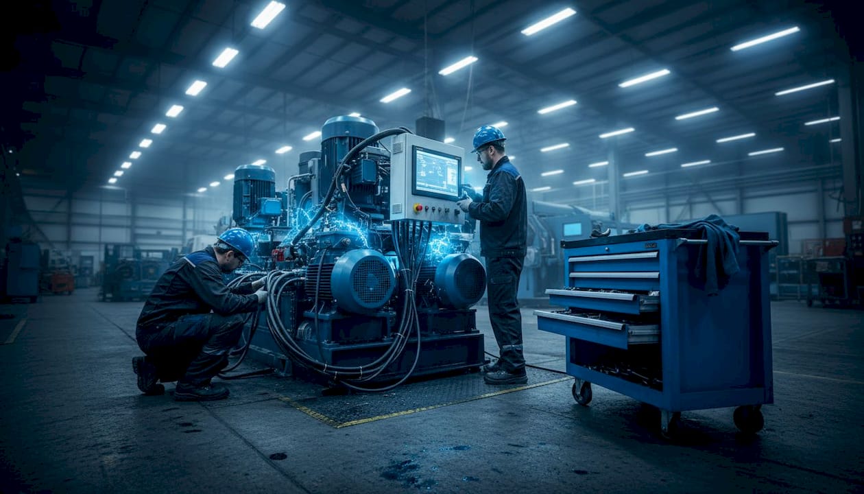 Technici zijn druk bezig met het elektrisch maken van machines op de werkvloer.