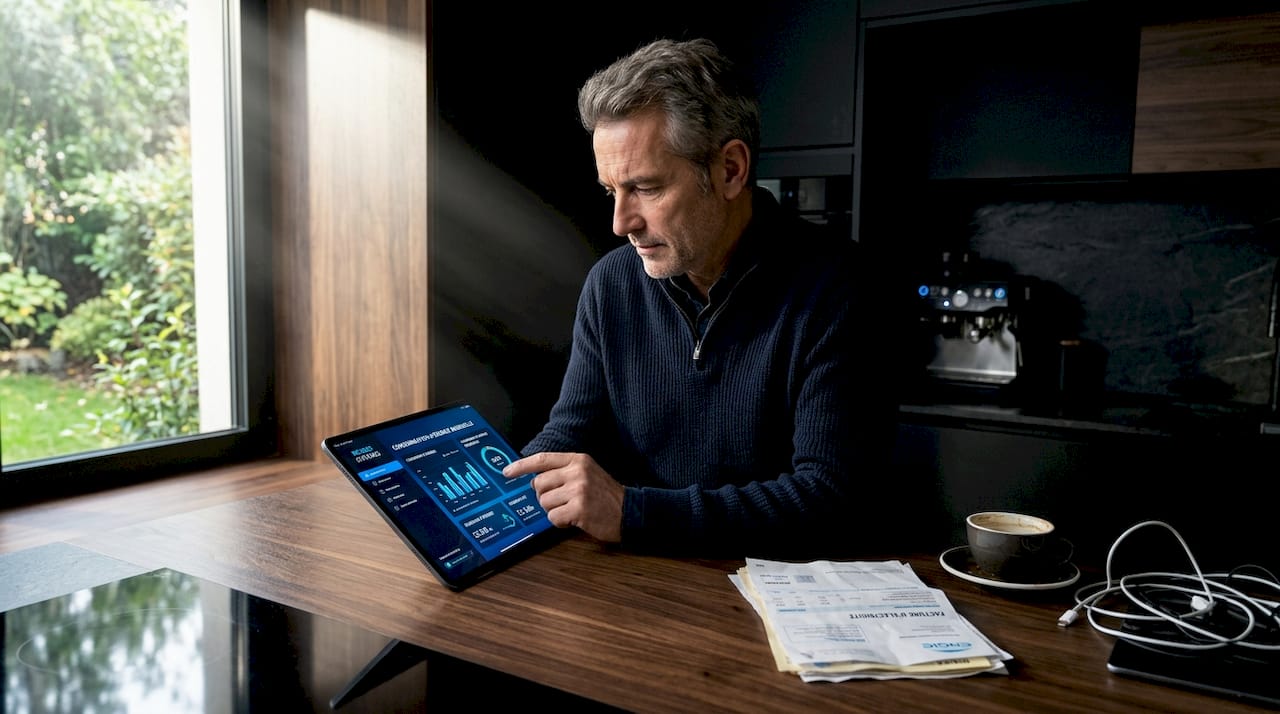 Un homme consulte sa consommation d’énergie sur une tablette.