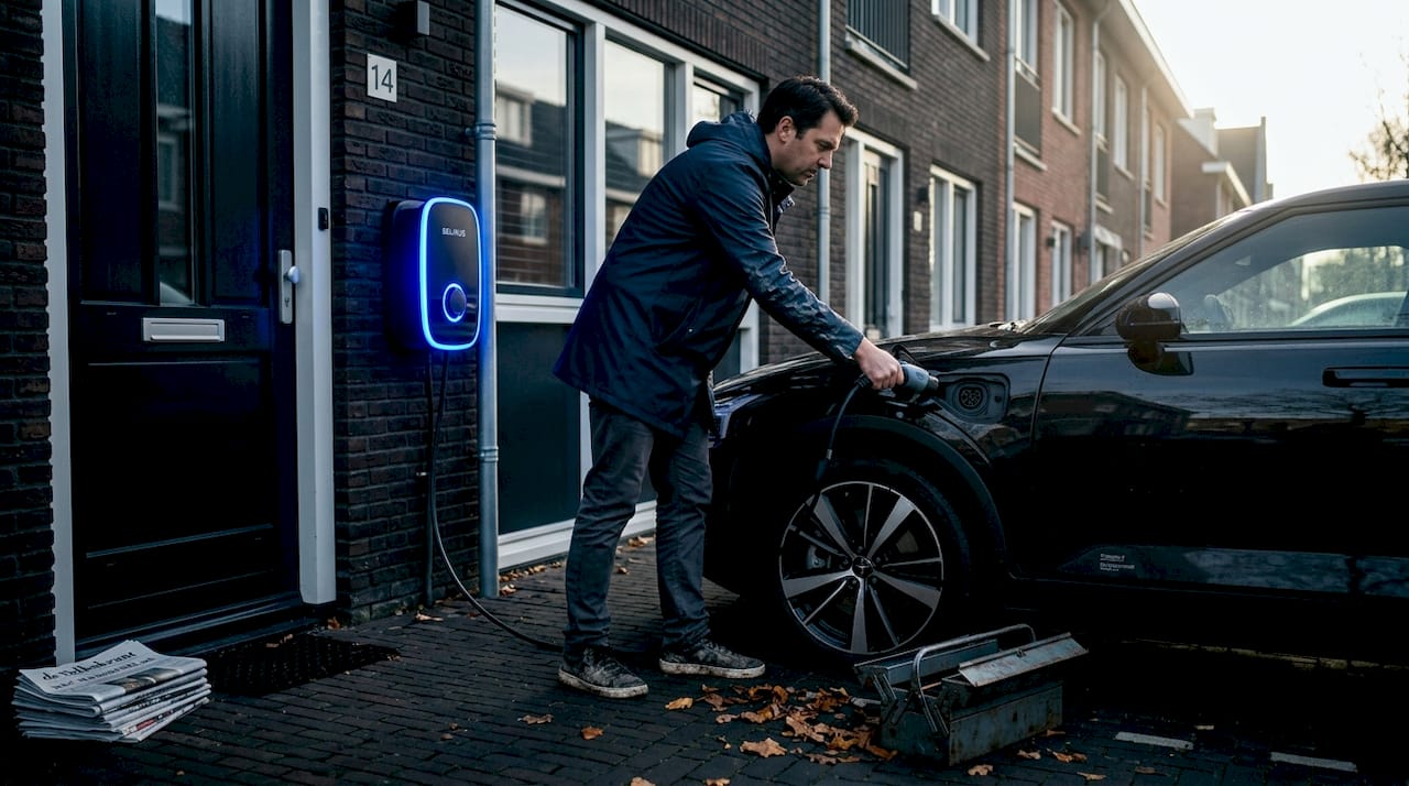 Een man sluit zijn elektrische auto thuis aan op de lader.