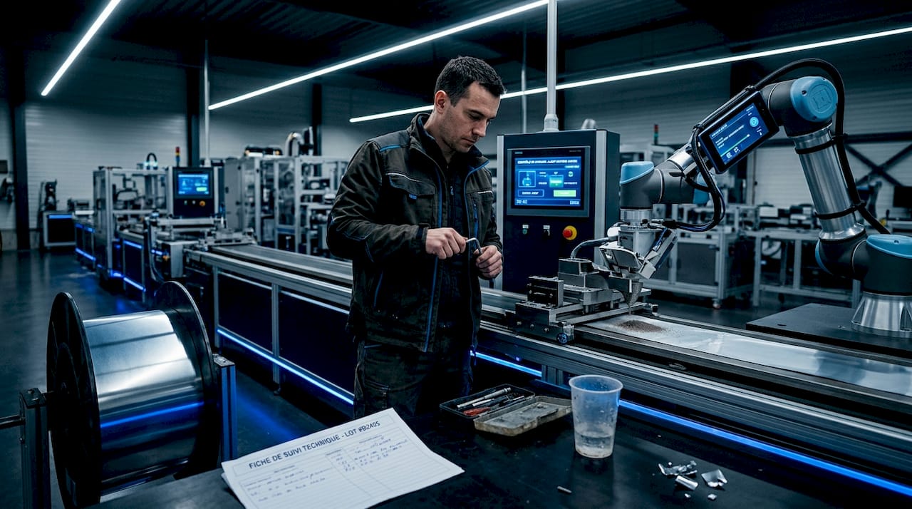 Un technicien procède aux réglages de l’étape de pré-lithiation sur la ligne de production.