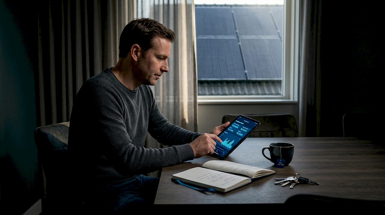 In zijn zonnige woonkamer checkt een man de energie-app op zijn telefoon.
