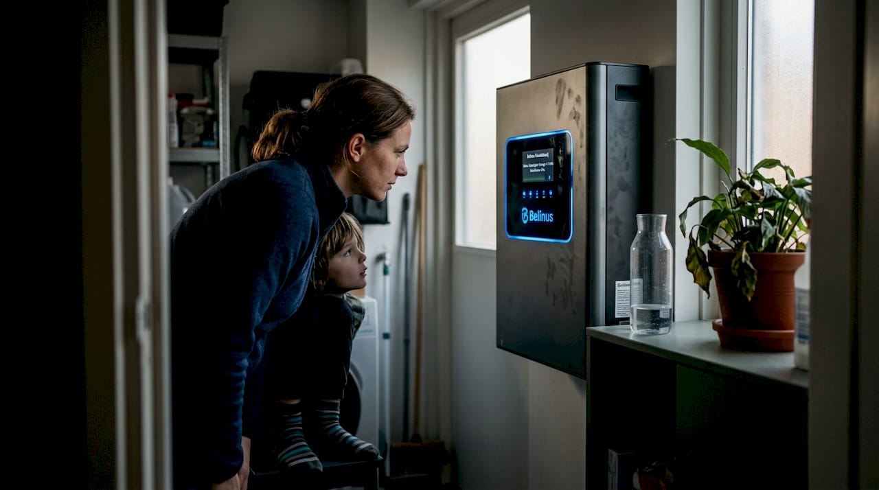 Een moeder bekijkt samen met haar kind de thuisbatterij in de woonkamer.