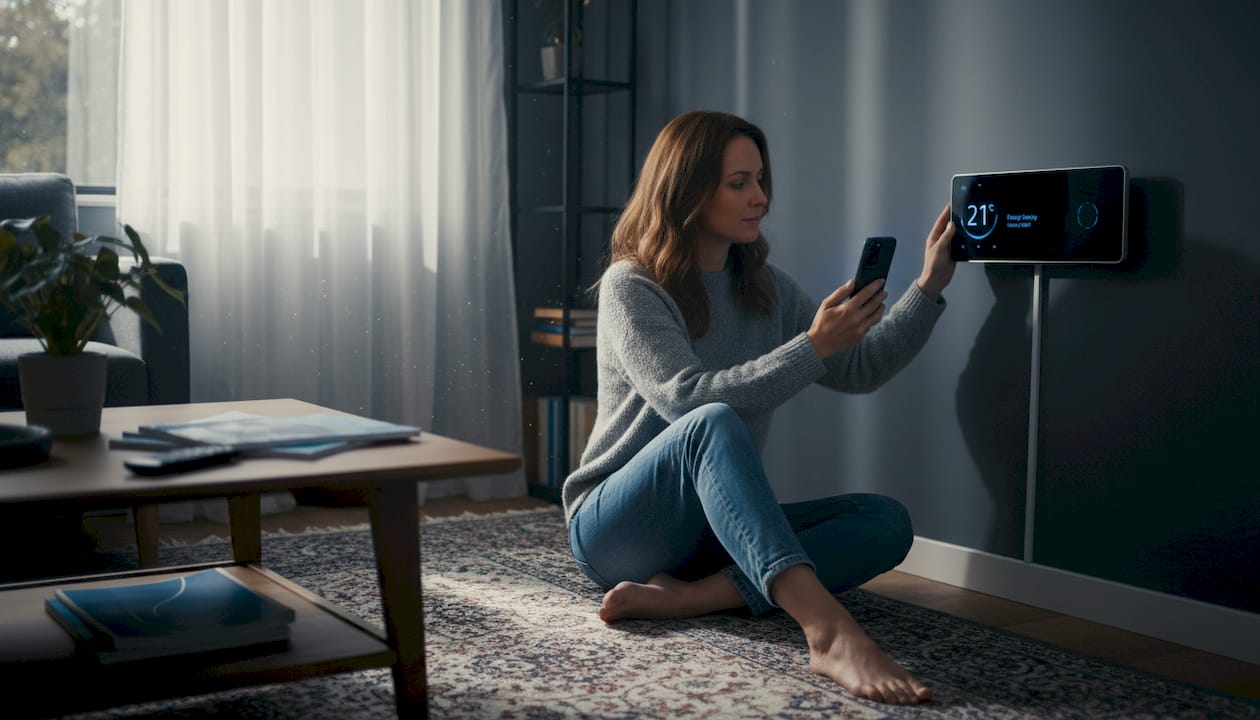 Woman adjusts smart thermostat at home