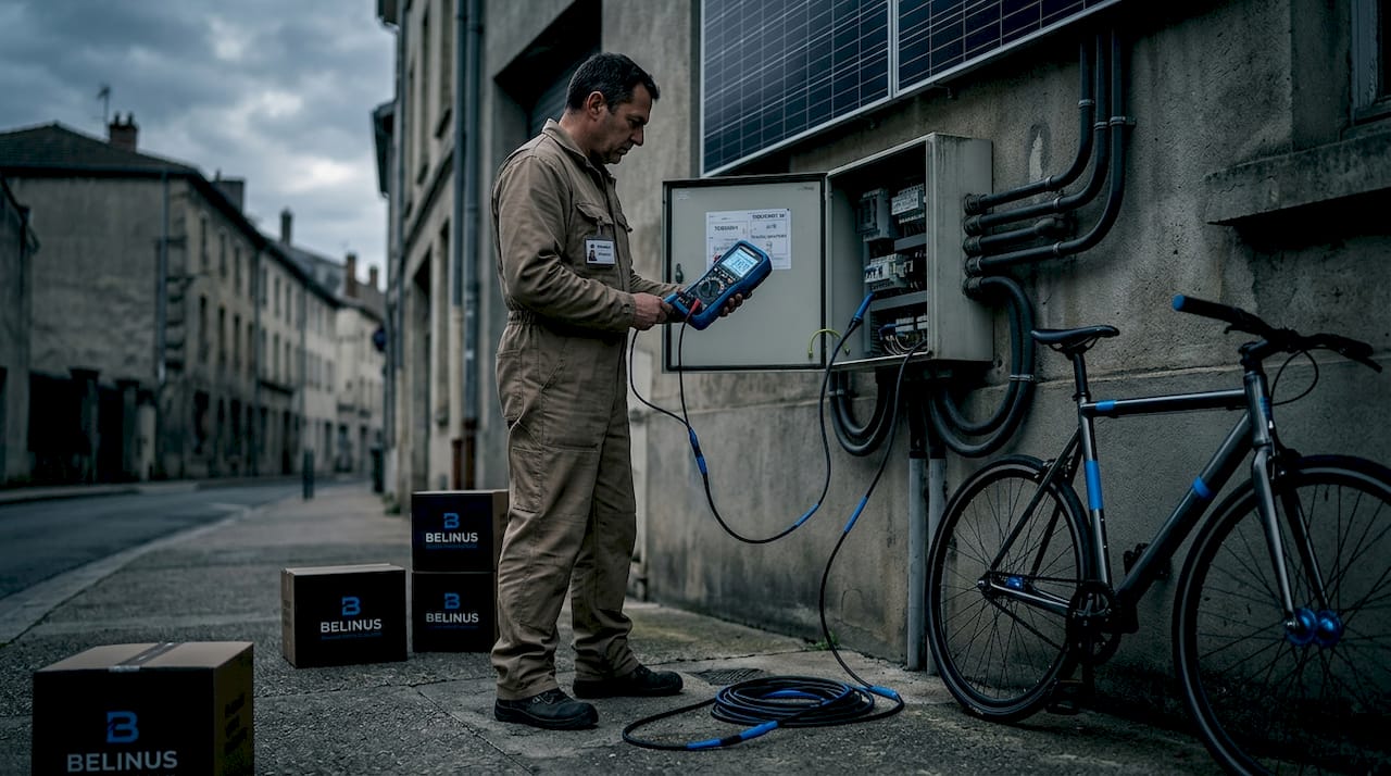 Un inspecteur procède à la vérification de l'installation solaire fixée au mur.