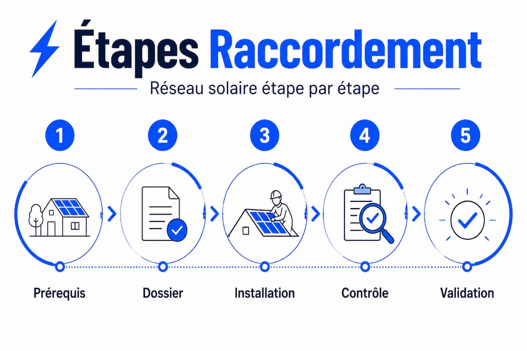 Schémas verticaux illustrant les étapes du raccordement solaire