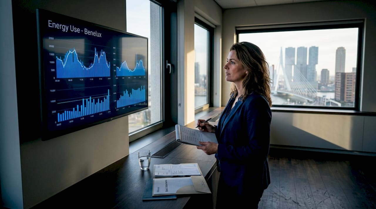 Facility manager reviewing Benelux energy data