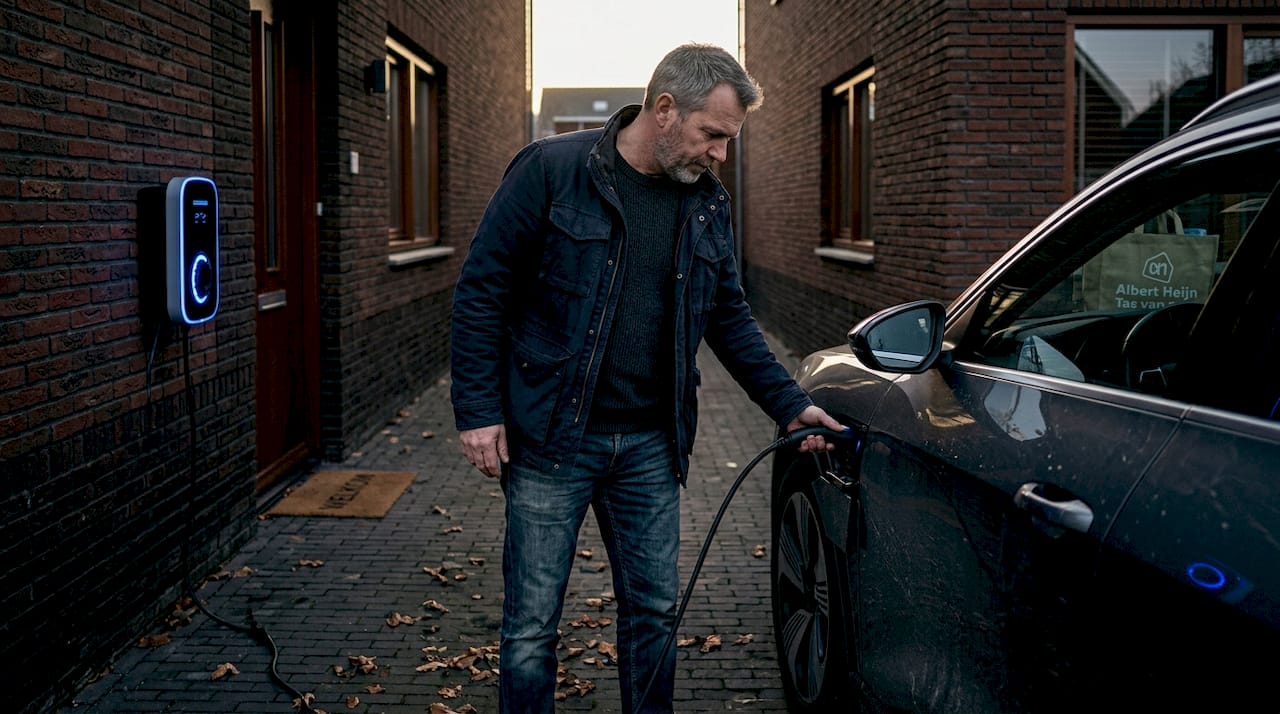 Een man sluit zijn elektrische auto thuis aan op de oplader.