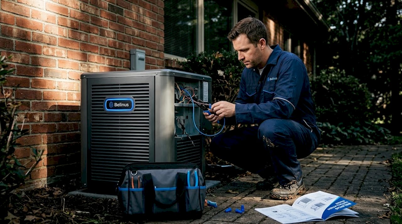 Technician installing heat pump outside home