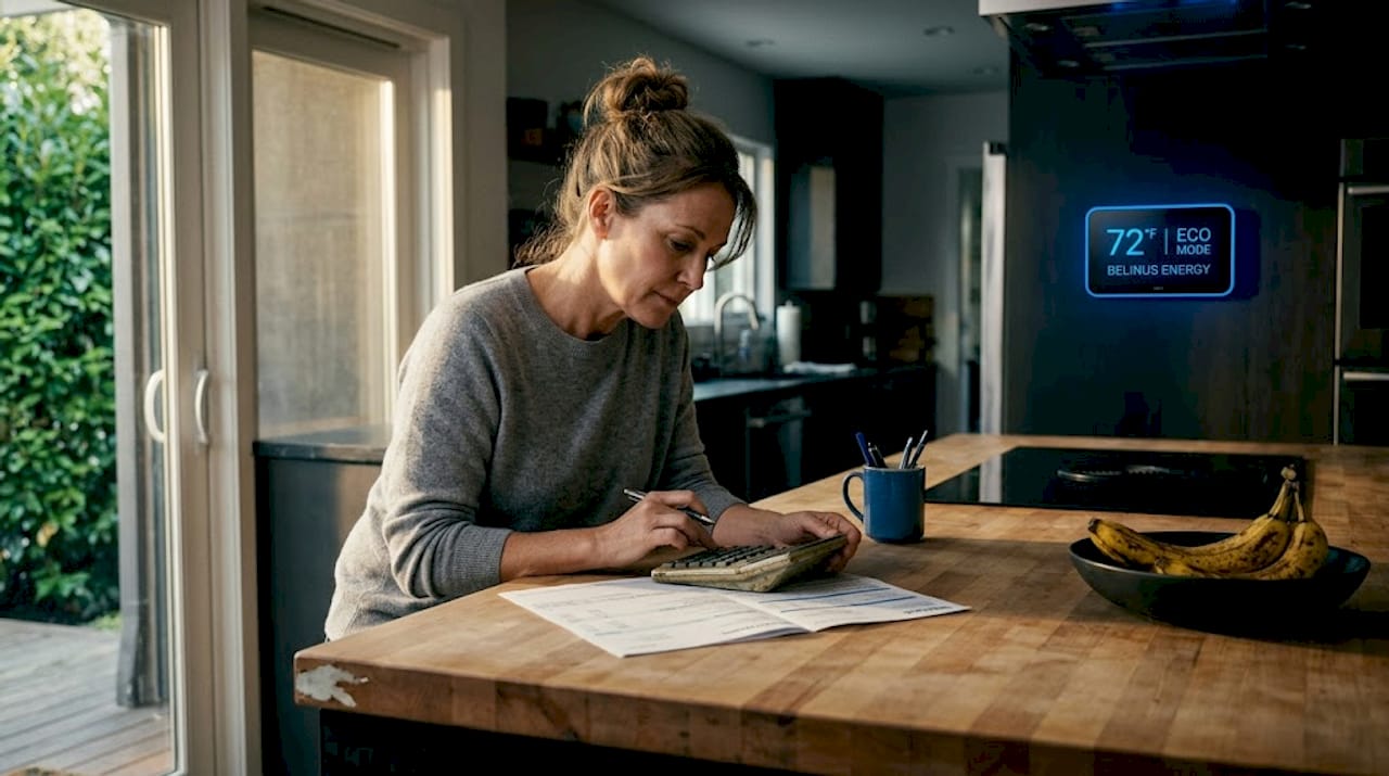 Homeowner checking energy bill at kitchen island