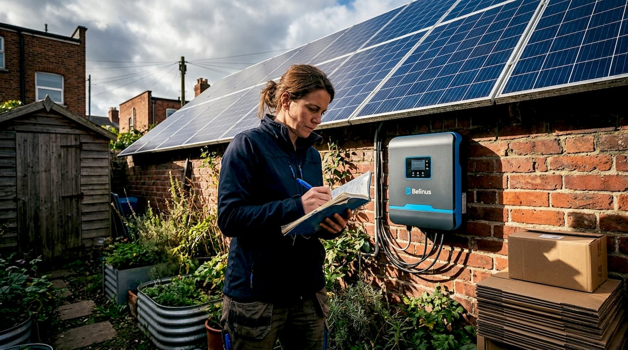 Woman inspecting solar installation outdoors