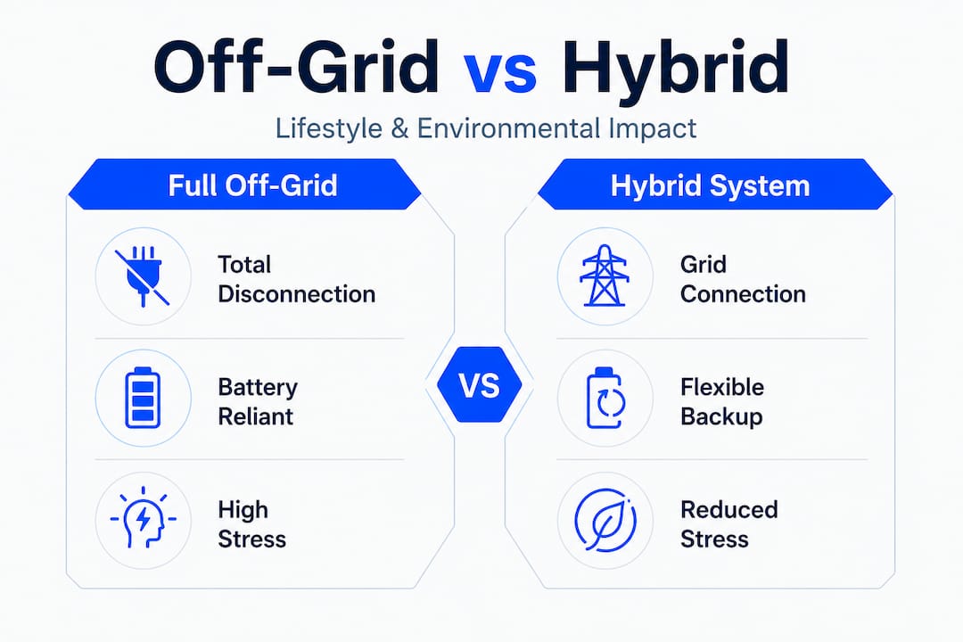 Infographic comparing off-grid and hybrid lifestyles