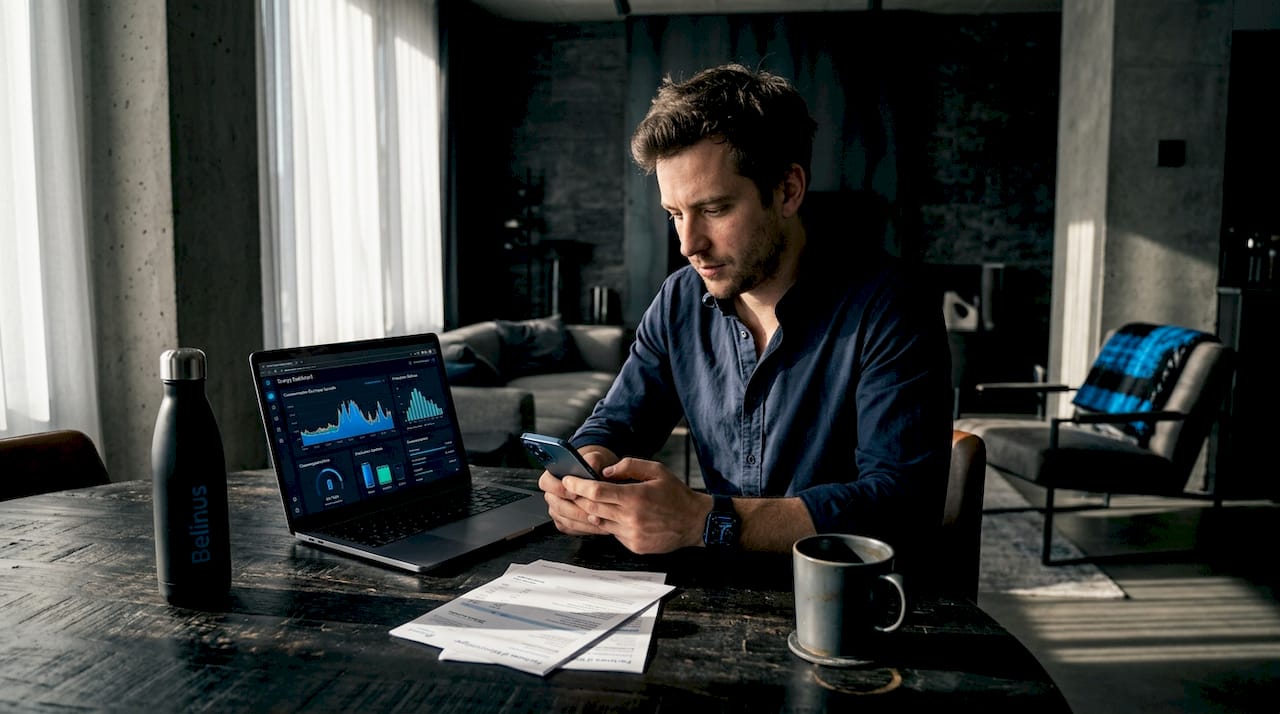 Un jeune homme consulte une application pour suivre sa consommation d'énergie depuis son appartement.