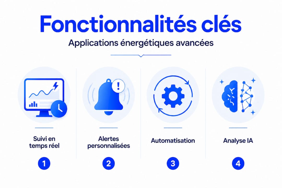 Infographie verticale présentant les fonctionnalités clés de l’application dédiée à l’énergie