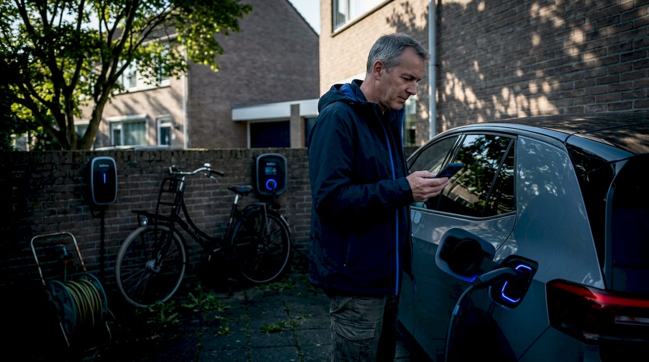 Een huiseigenaar bekijkt de laadpaal op de oprit.