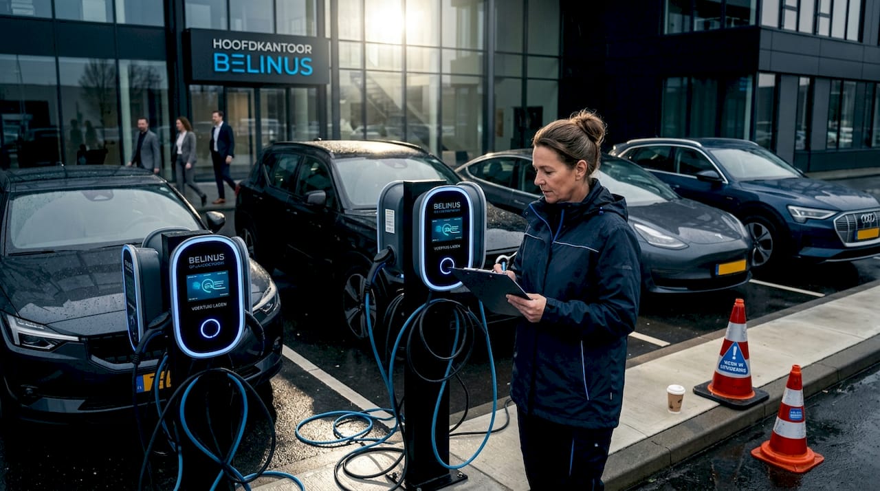 De manager bekijkt de laadpunten voor elektrische auto's op kantoor.