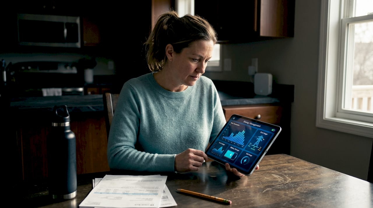 Woman reviewing energy dashboard in kitchen