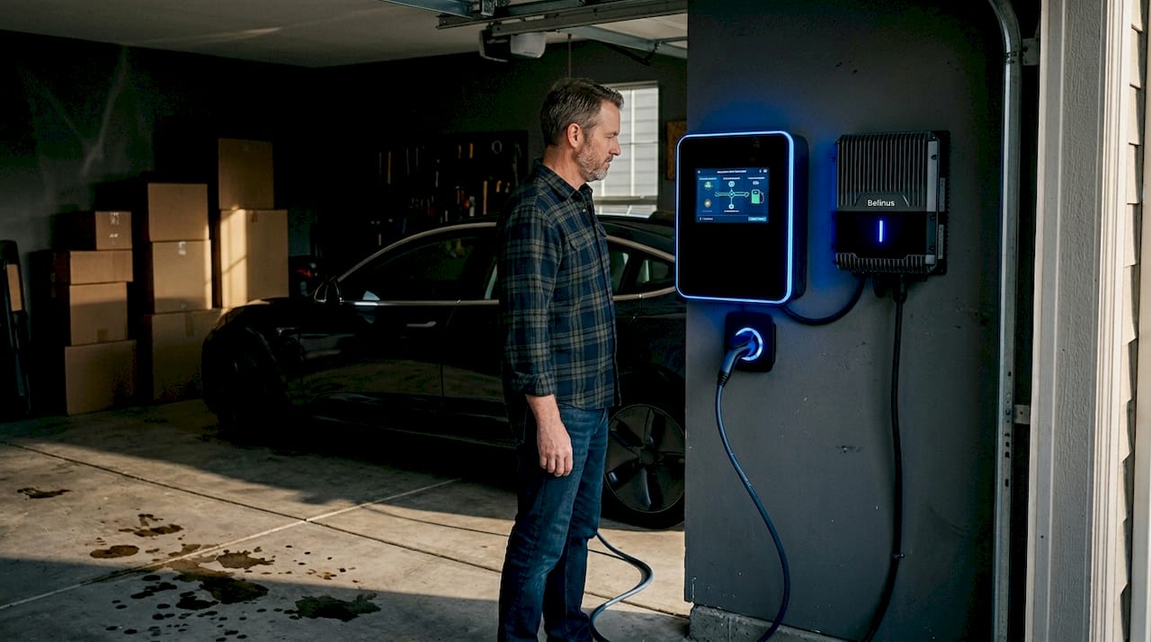 Man checks home energy system in garage