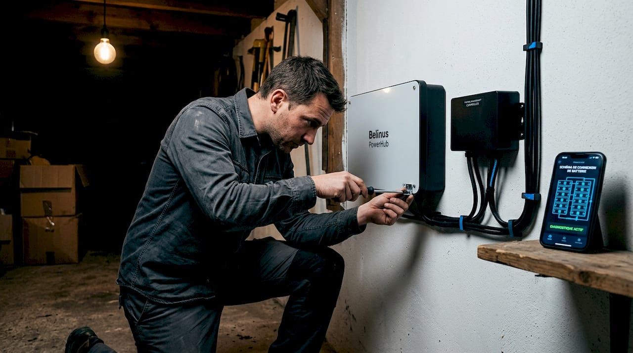 Un technicien procède au contrôle d’une batterie LFP fixée au mur.