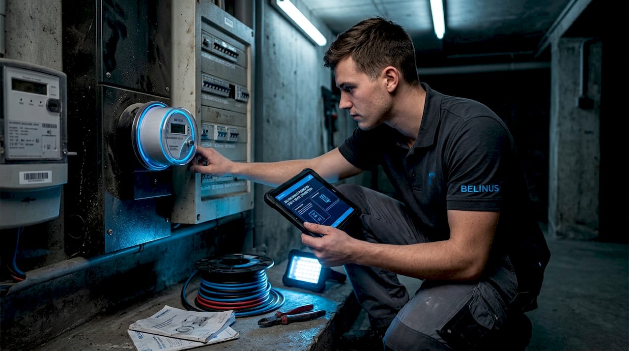 Technician installing smart meter in building