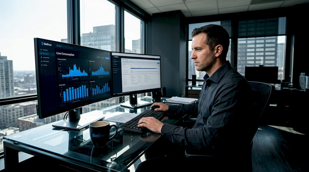 Facility manager reviewing energy automation dashboard