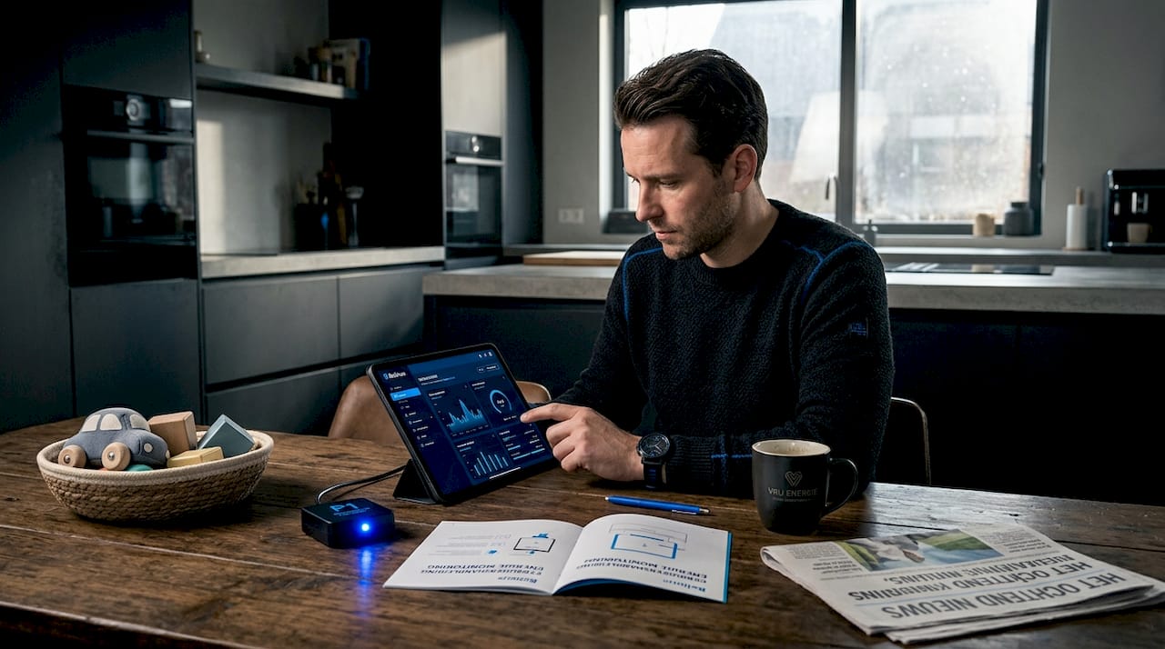 Man houdt zijn energieverbruik in de gaten aan de keukentafel