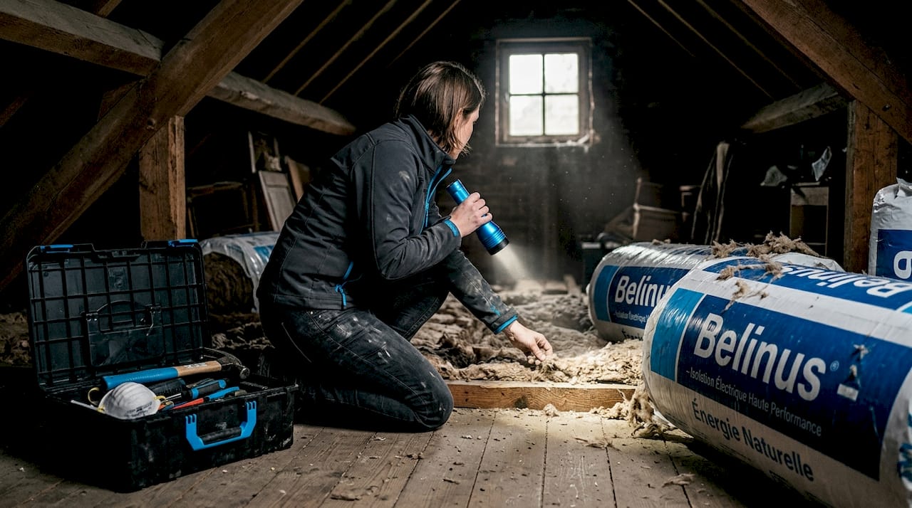 Une femme inspecte la qualité de l’isolation thermique dans ses combles.