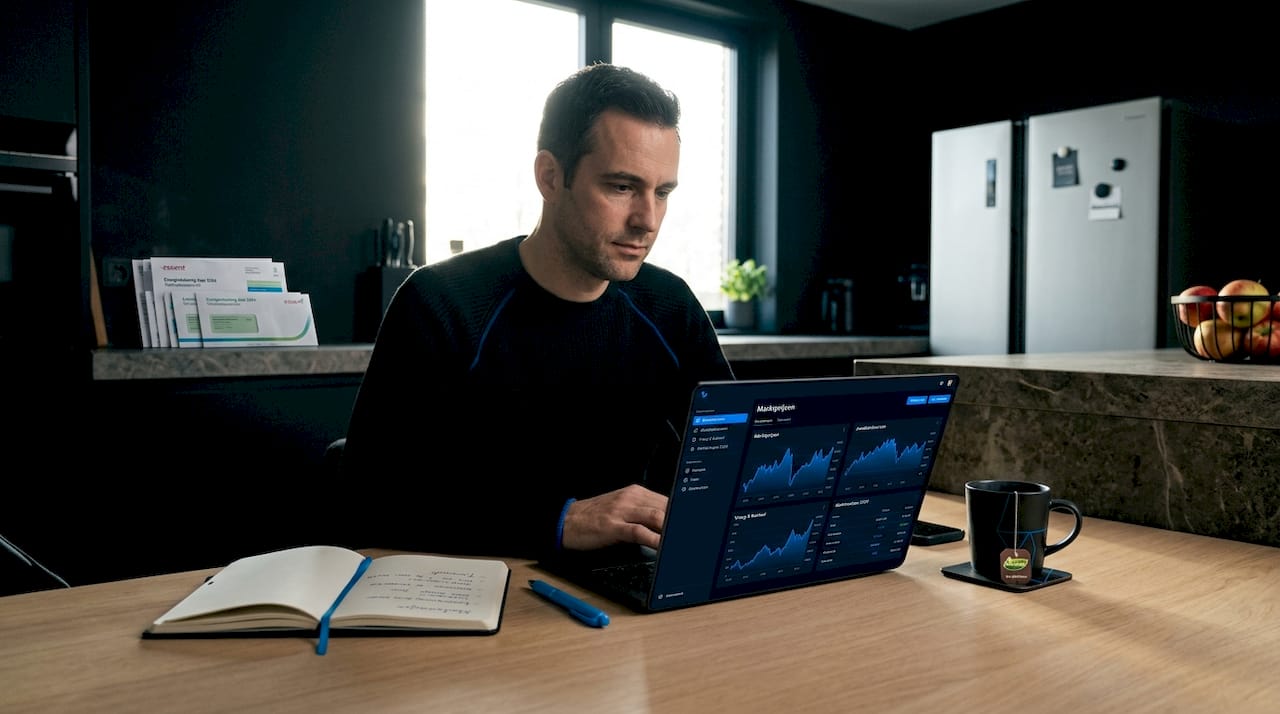 Een man zit in de keuken achter zijn laptop en bekijkt het aanbod op de energiemarktplaats.