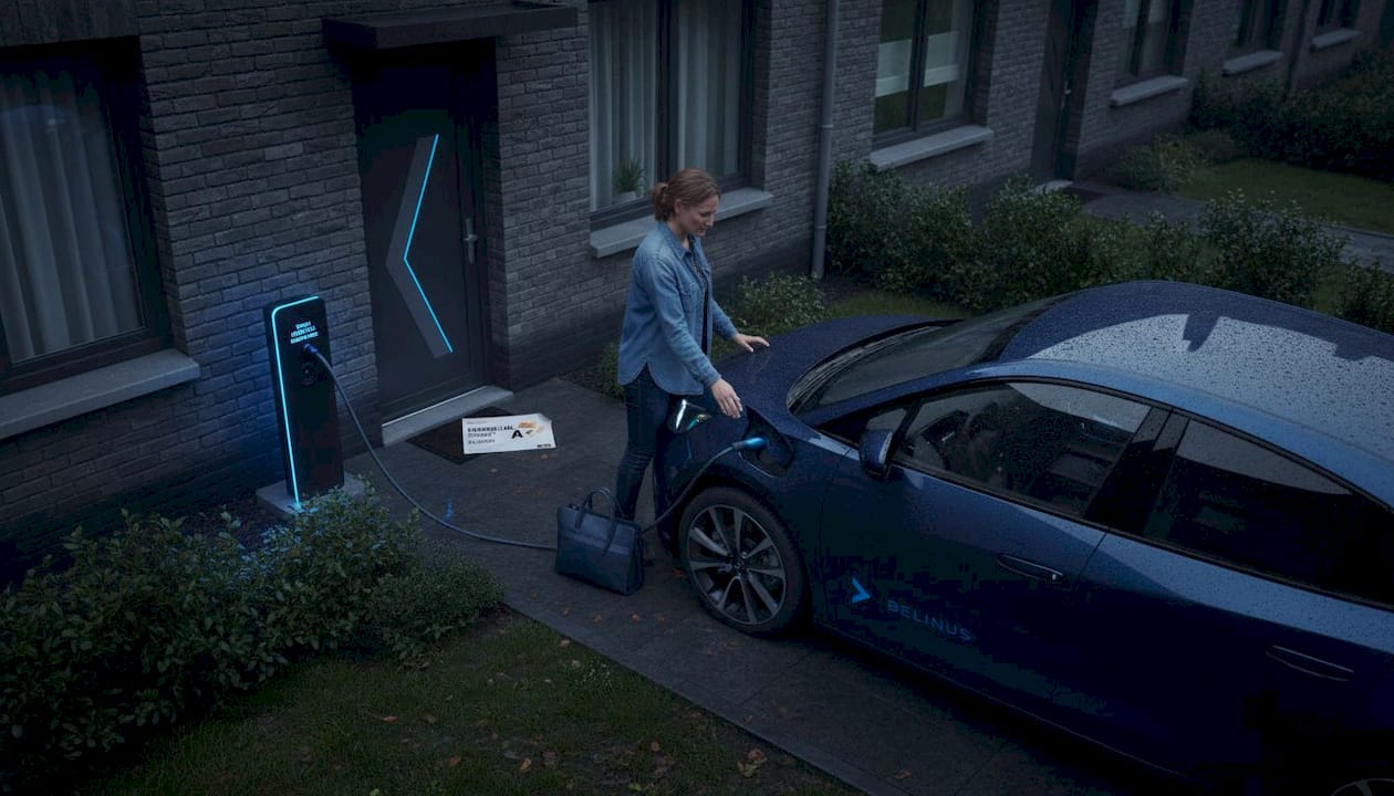 Een vrouw sluit haar elektrische auto thuis aan op de lader.