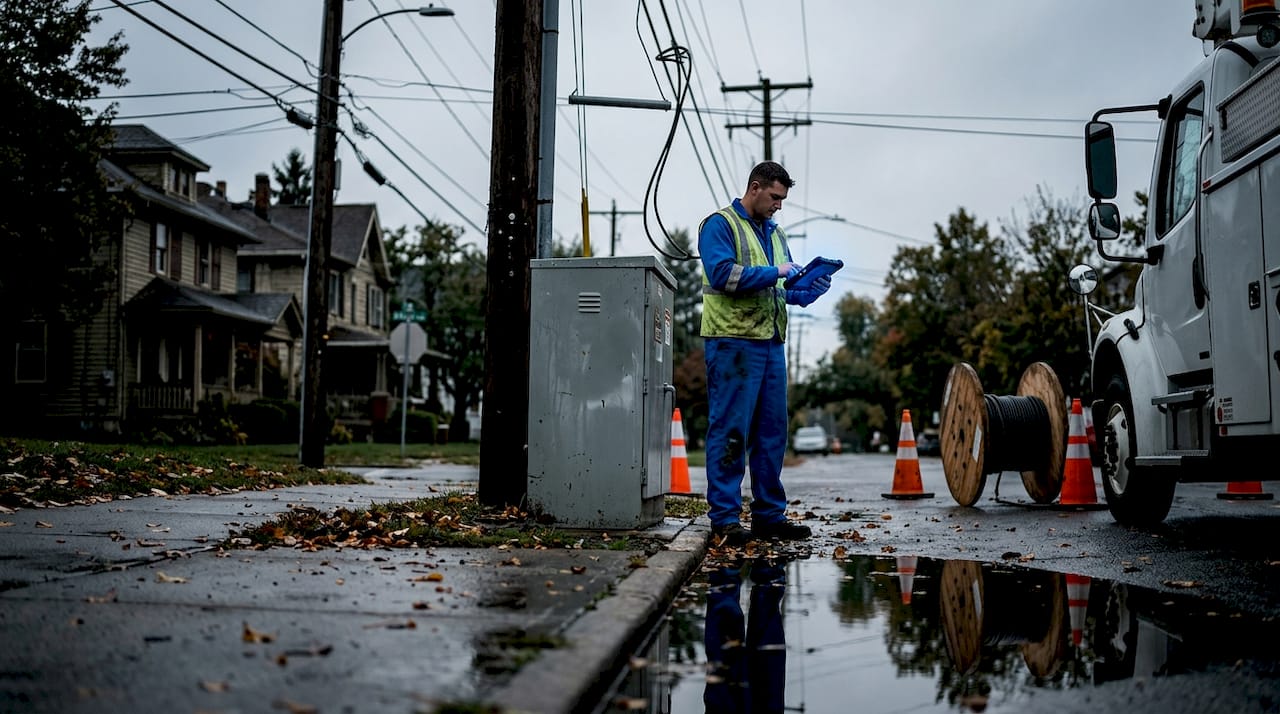 Utility worker updating notes at street transformer