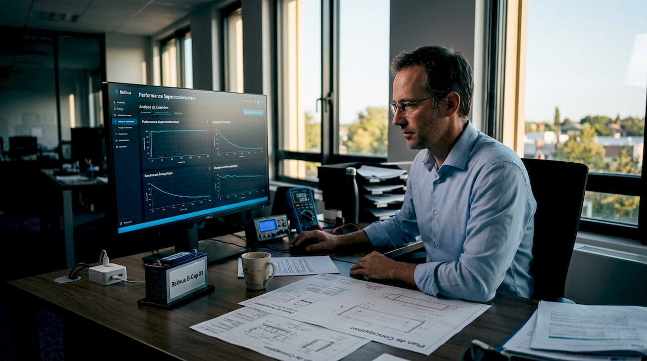 Un ingénieur analyse les performances de supercondensateurs depuis son bureau.