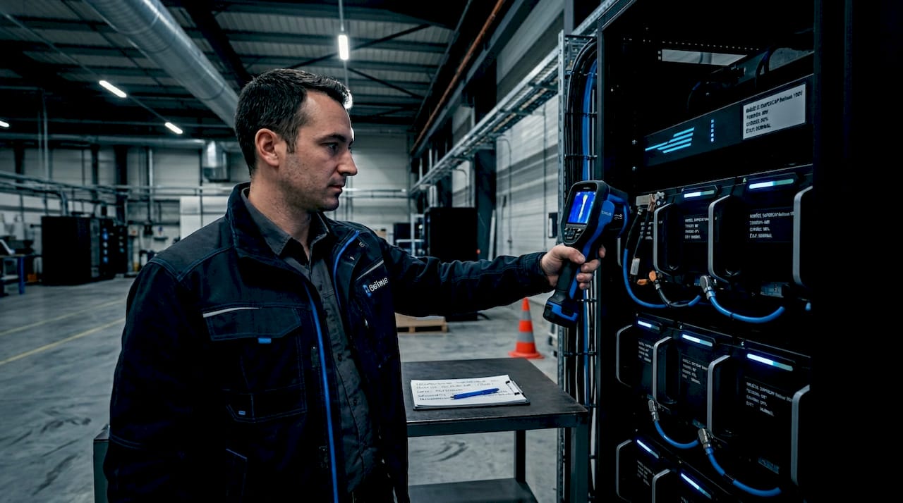 Un technicien contrôle l’état des supercondensateurs au sein de l’usine.