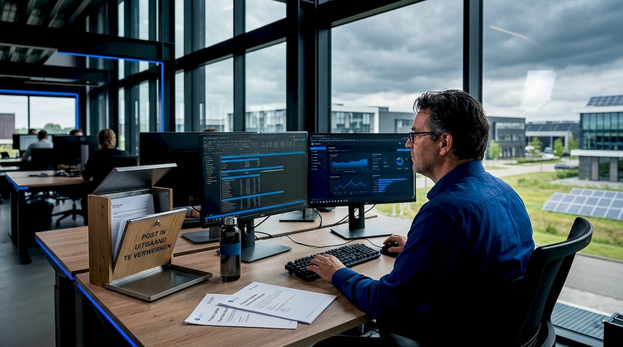 Een medewerker bekijkt en vergelijkt de energiecijfers op zijn computerscherm op kantoor.