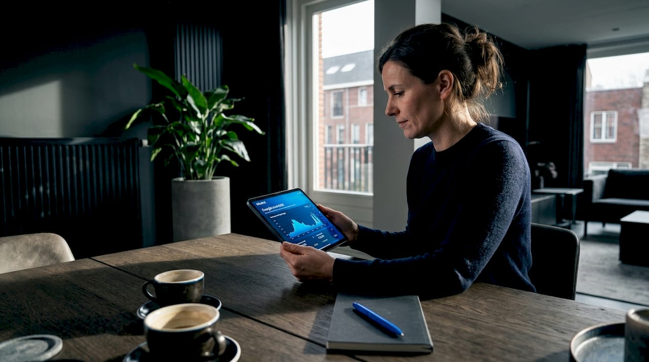 Een vrouw houdt haar energieverbruik bij op haar tablet.