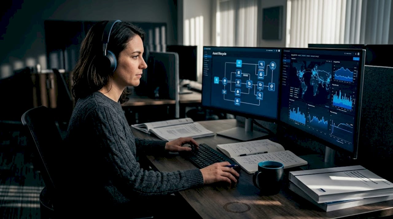 Energy manager reviewing lifecycle data on screens
