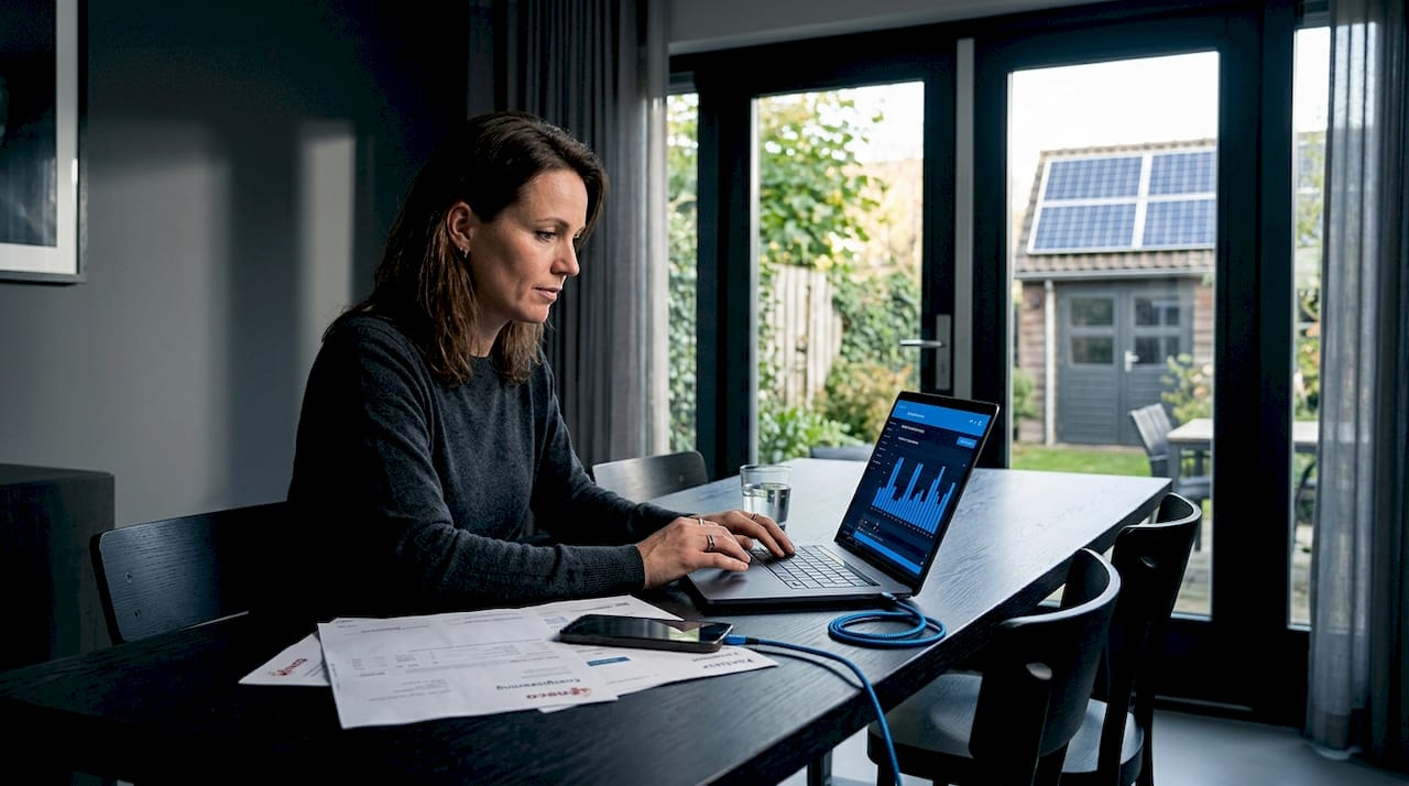 Een vrouw zit aan de eettafel geconcentreerd te werken aan haar energieplanning.
