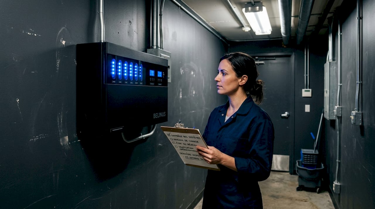 Une cheffe d’entreprise examine un système de stockage de batteries.