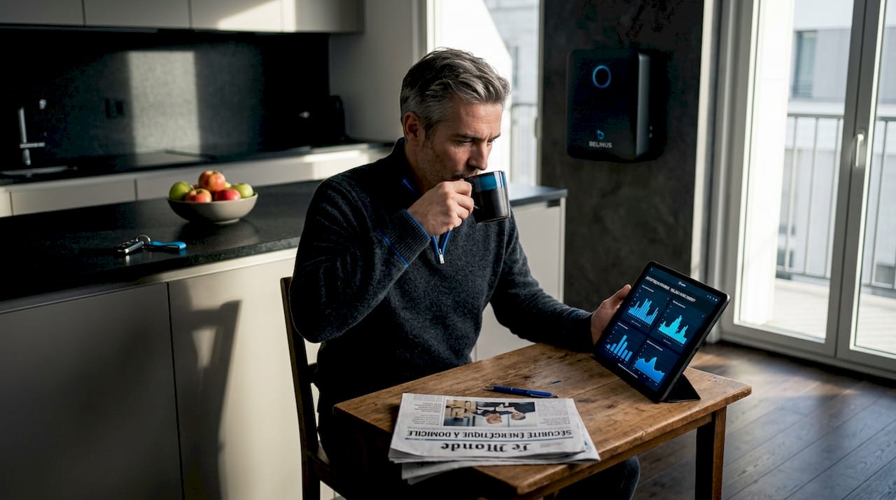 Un homme consulte les économies réalisées grâce à sa batterie domestique, confortablement installé dans sa cuisine.