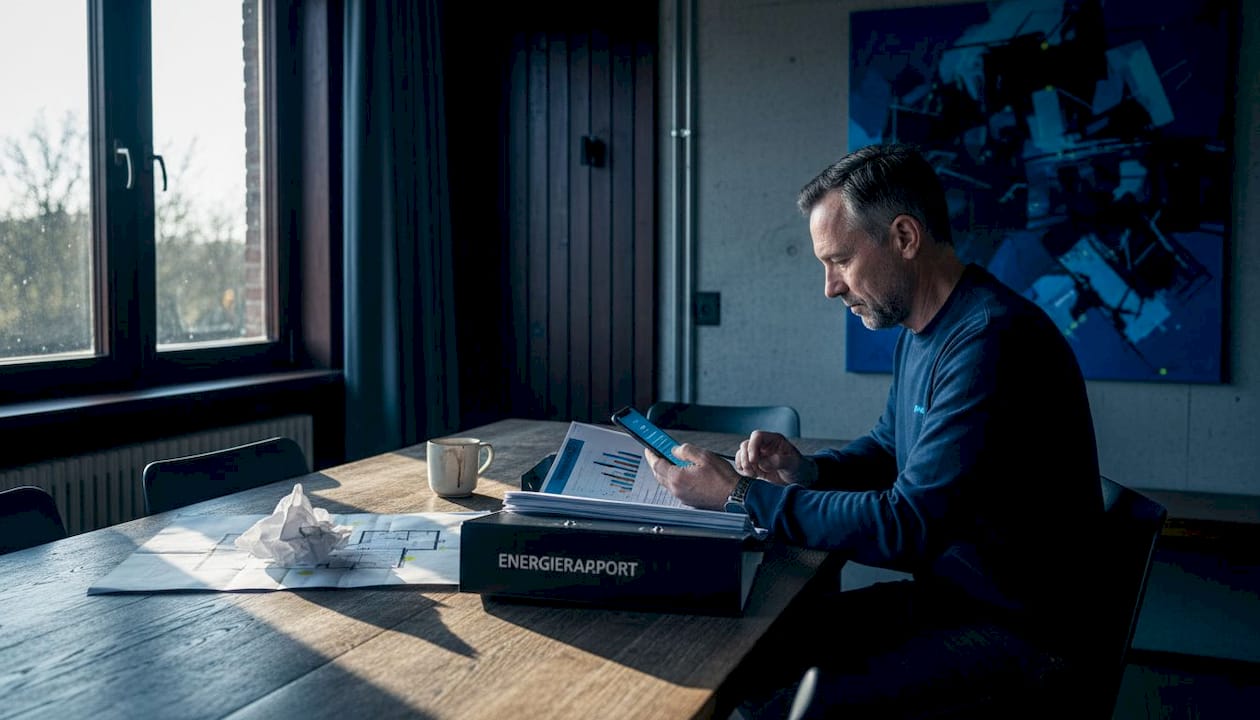 Een woningeigenaar neemt thuis het energieadviesrapport door