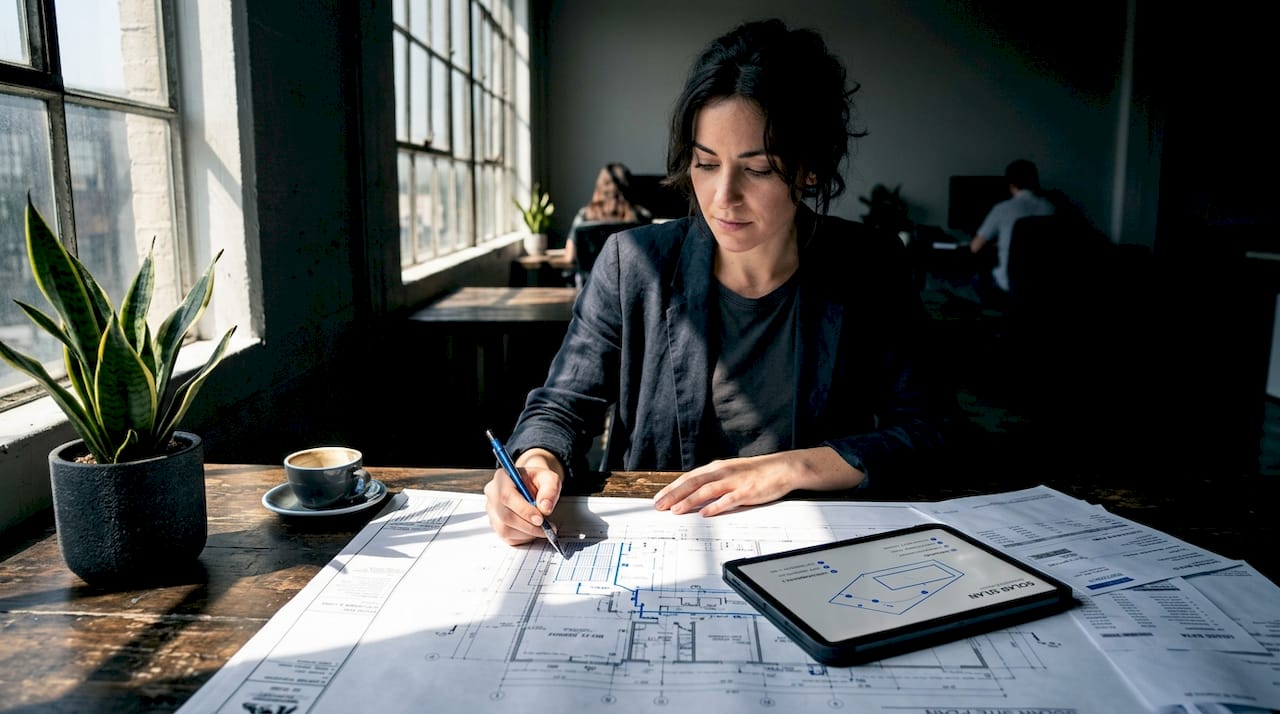 Consultant reviewing renewable site blueprints