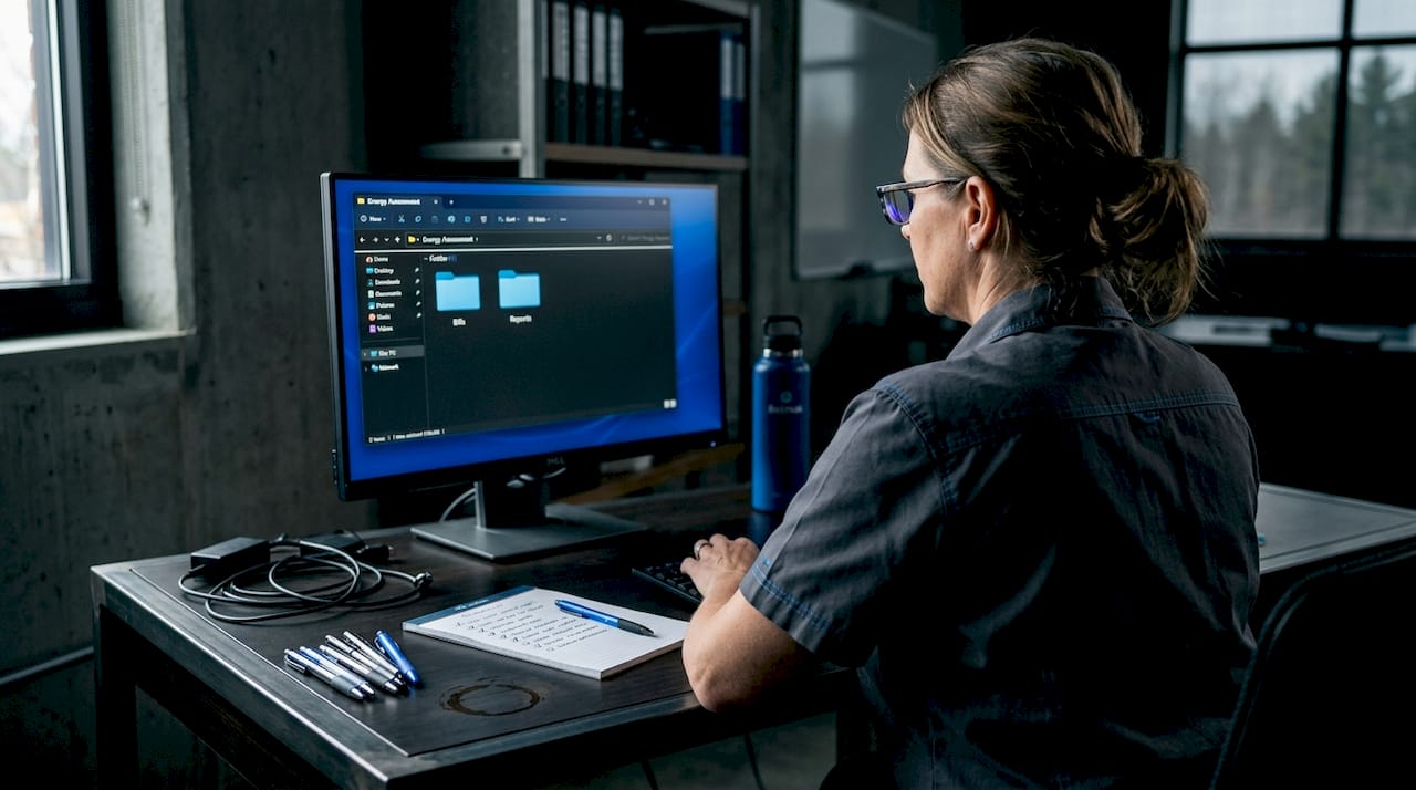 Manager organizing energy assessment files on computer