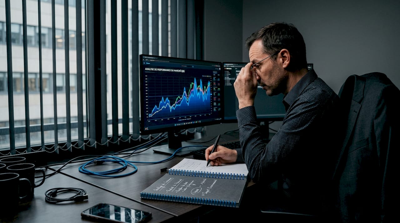 Consultant en énergie en plein open space, en train d’analyser des graphiques de consommation.